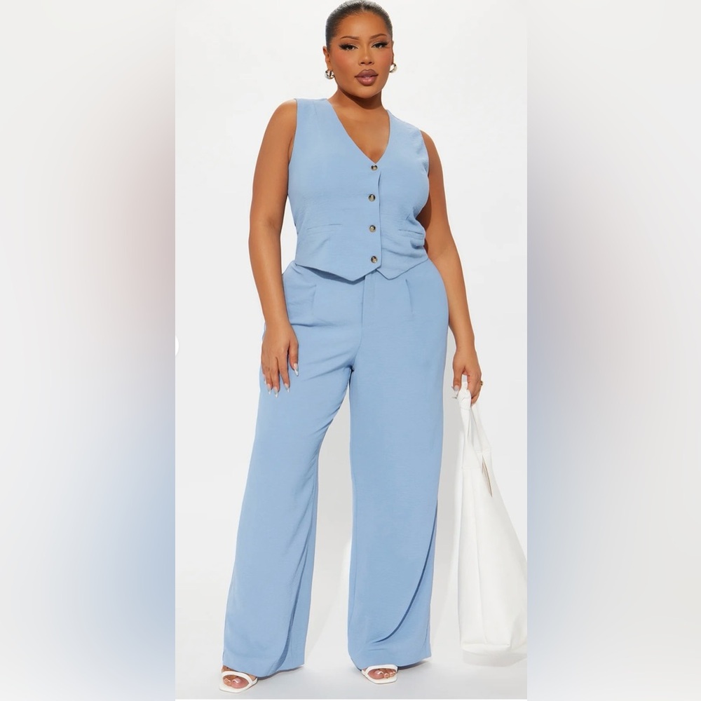 High-Waist Wide Leg Pants with Vest in Slate Blue